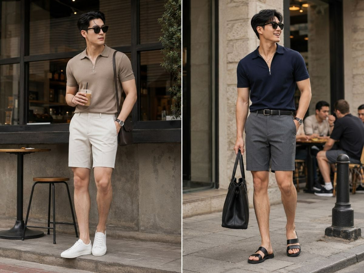 Phối áo polo khóa kéo và quần short vải tây