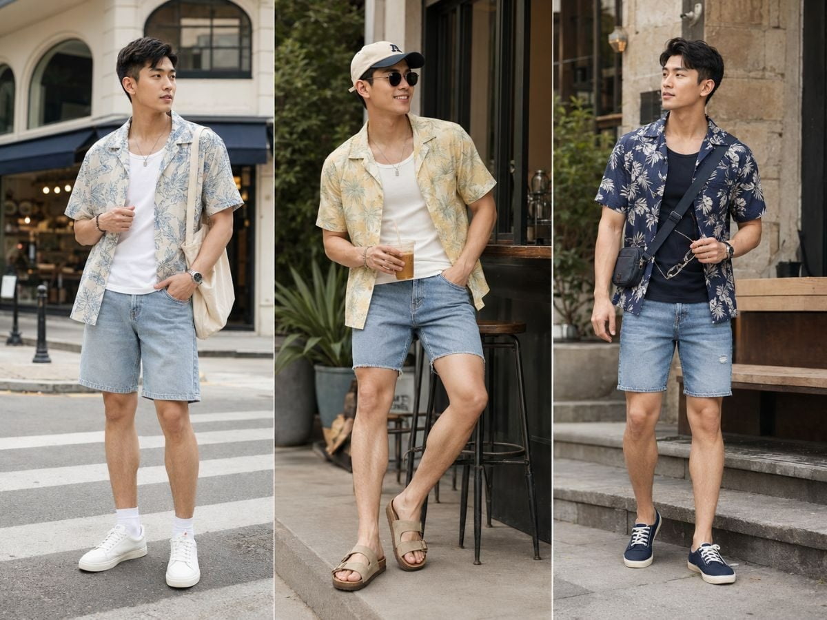 Phối áo sơ mi hoạt tiết, tank top và quần short jeans