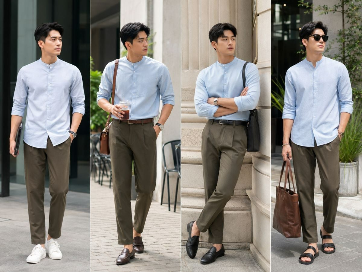 Phối áo sơ mi xanh và quần kaki tối màu