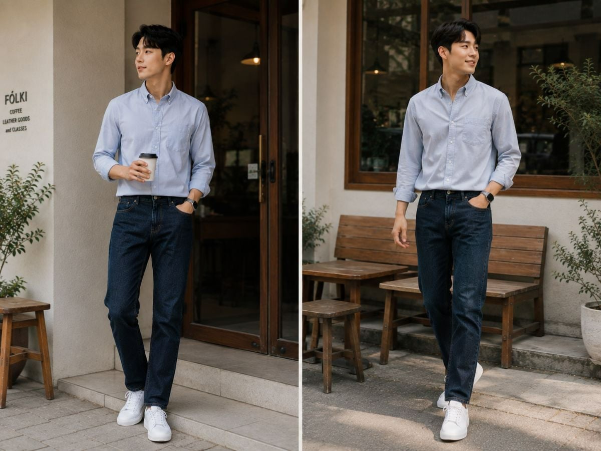 Nam mặc sơ mi trơn phối jeans straight wash sẫm đi họp lớp