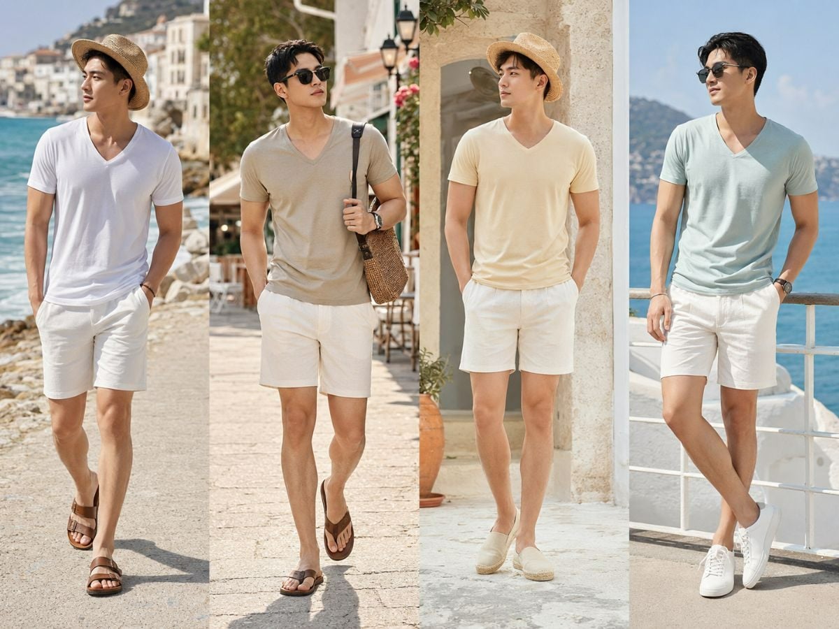Phối quần short trắng và áo thun cổ tim