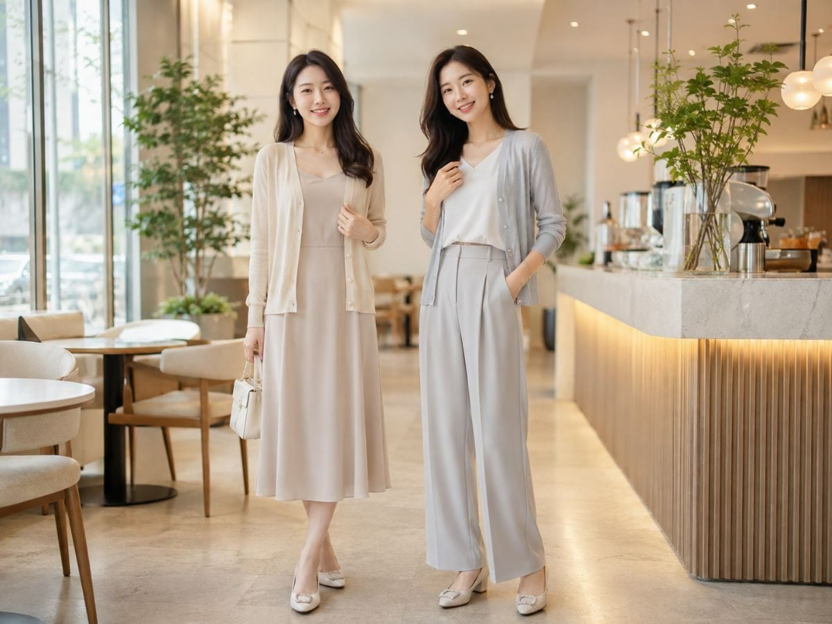 Nữ mặc cardigan mỏng phối váy hoặc quần dài đi họp lớp