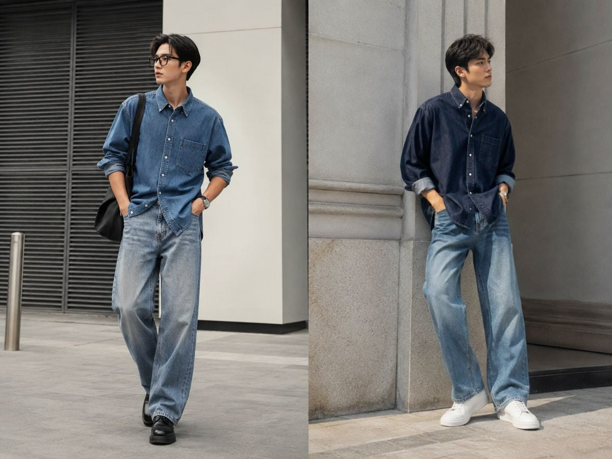 Sơ mi denim phối jean ống suông mang tinh thần double denim