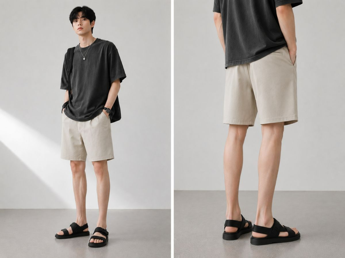 Outfit áo thun rộng mang dép sandal