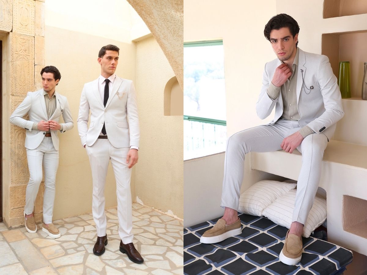 Outfit đi đám cưới với quần tây, áo sơ mi và vest