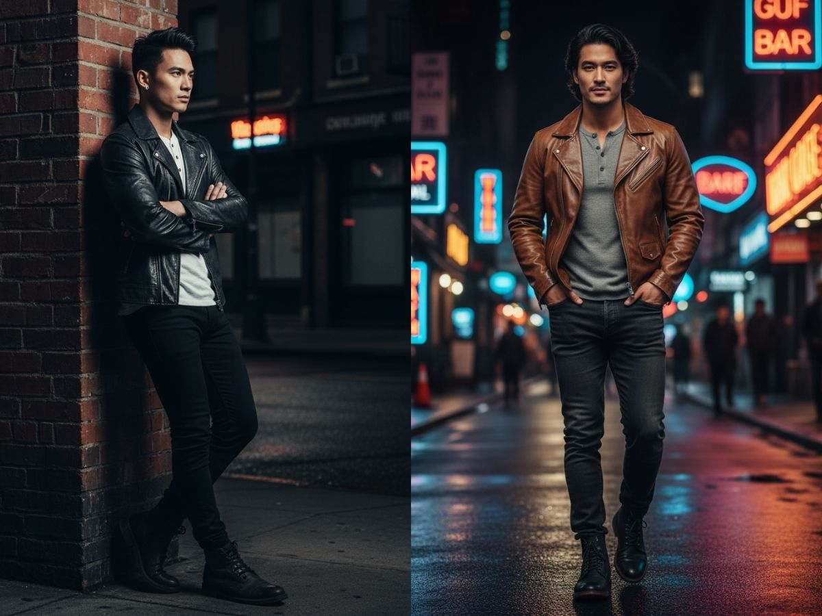 Outfit mạnh mẽ, đầy sức hút với áo khoác da, quần jeans, áo thun henley