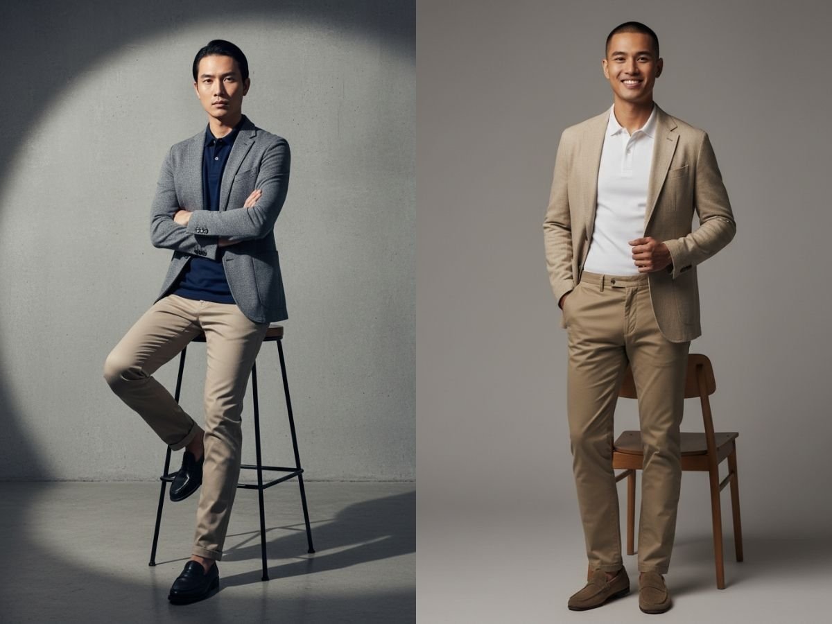 Outfit mùa thu nam thanh lịch với blazer, quần kaki và áo polo