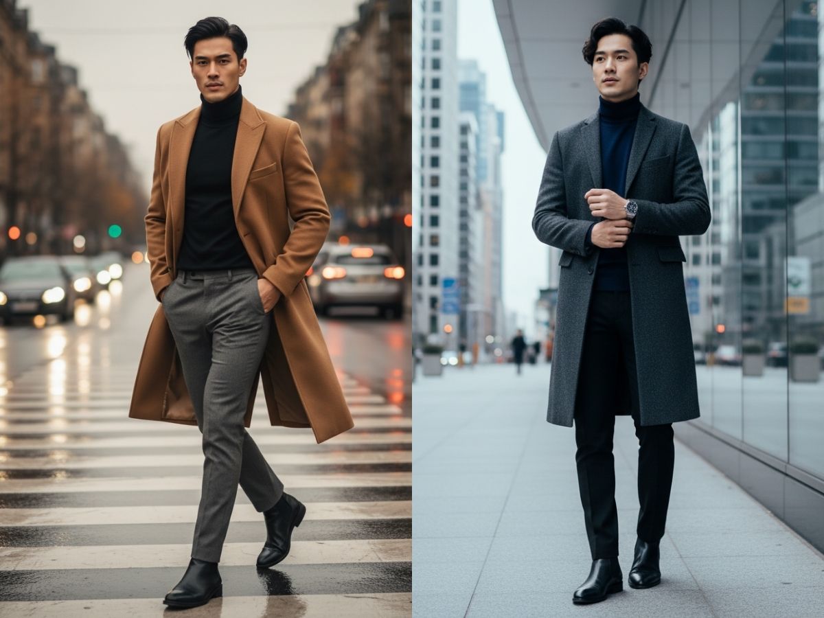 Phối đồ mùa thu với áo len cổ lọ và áo khoác dáng dài