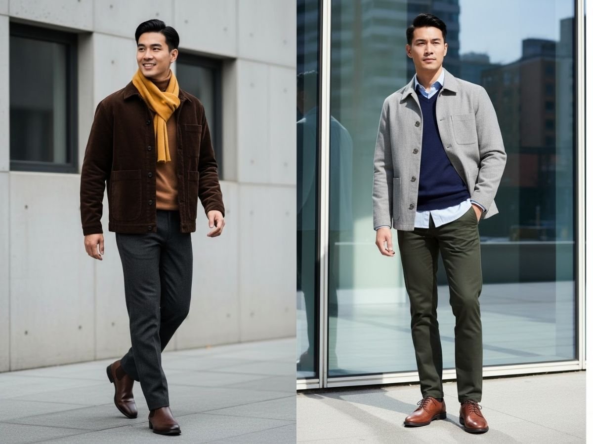 Outfit workwear mùa đông với áo thun cổ lọ và áo khoác nhung