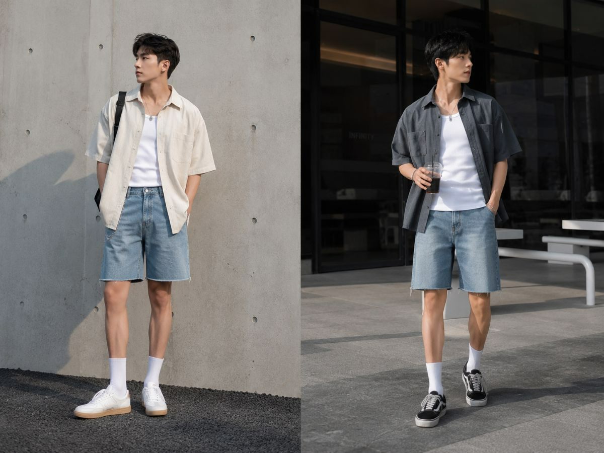 Overshirt boxy phối tank top và quần short denim