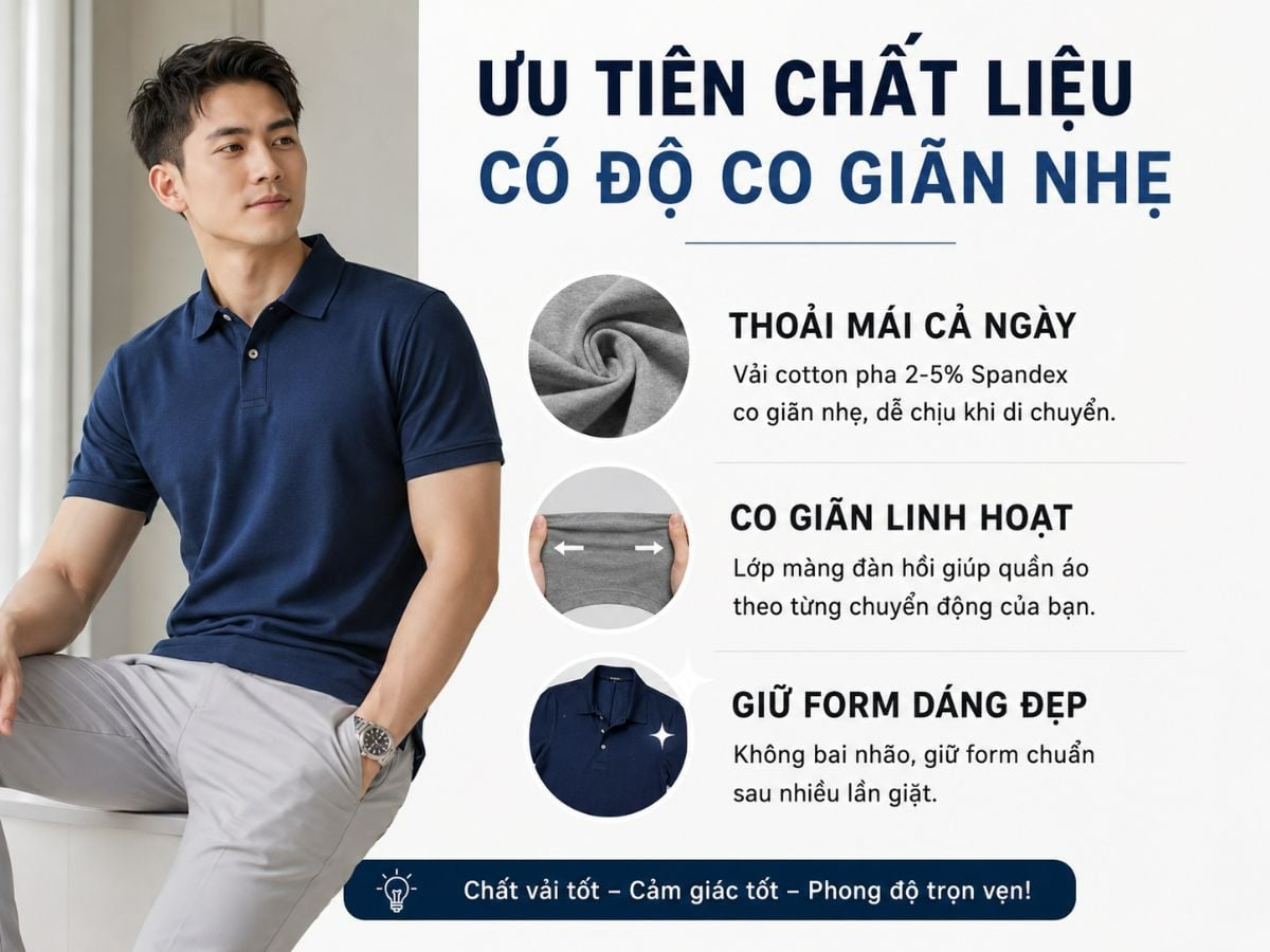 Chất liệu co giãn nhẹ giúp slim fit linh hoạt hơn khi vận động