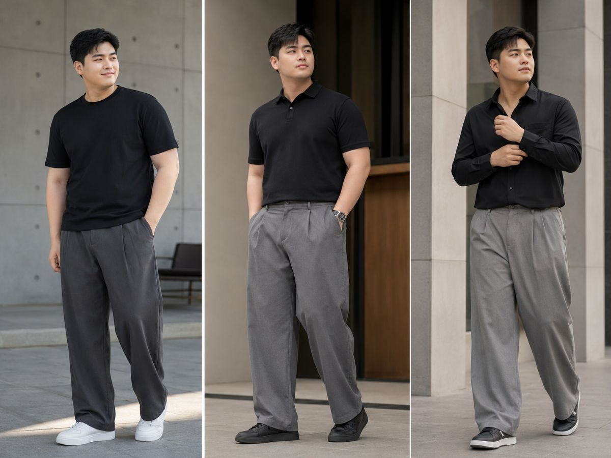 Phối đồ áo đen với quần baggy xám