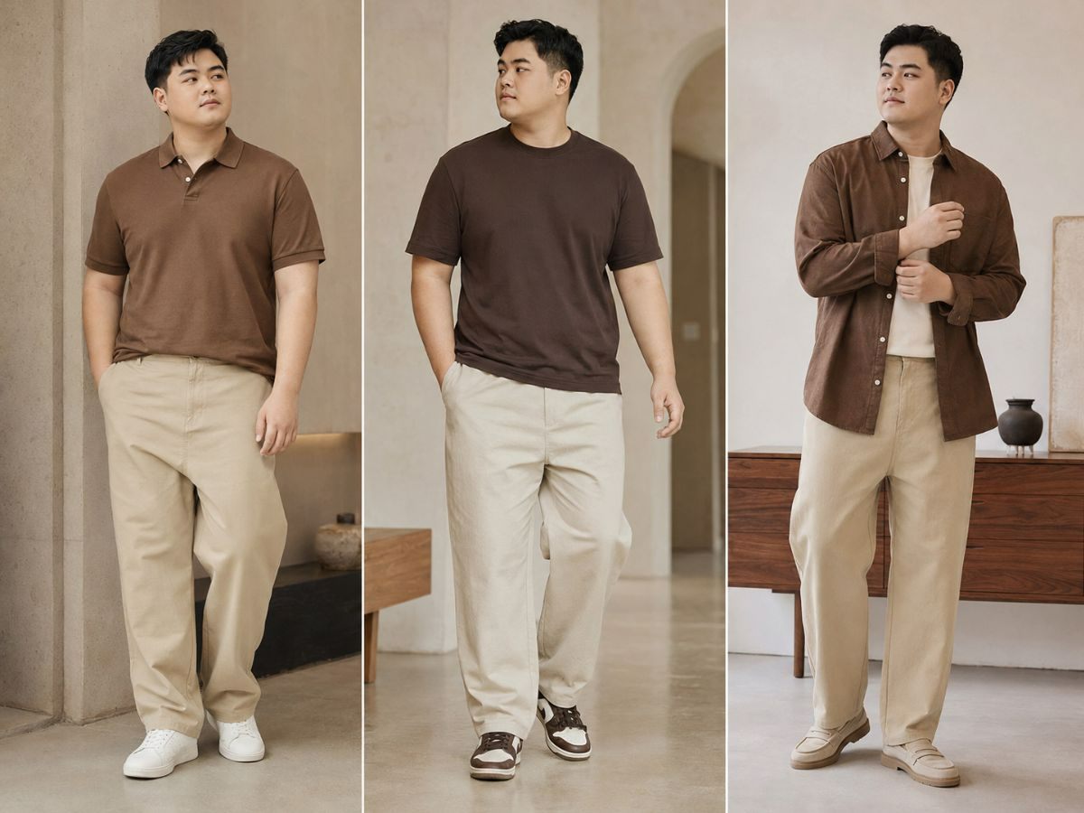 Phối đồ áo nâu với quần baggy màu be