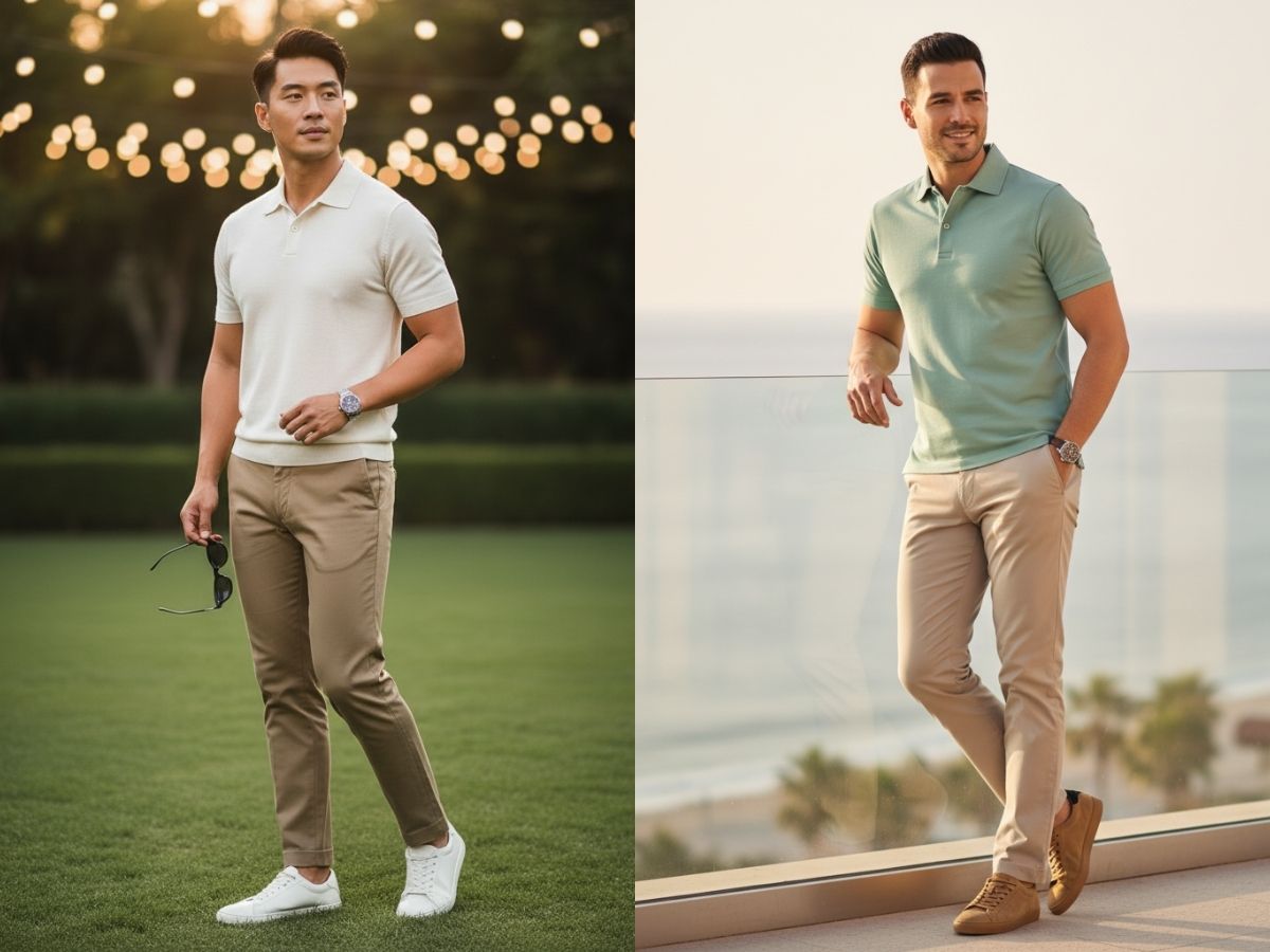 Trang phục đám cưới với áo polo, giày thể thao và quần kaki