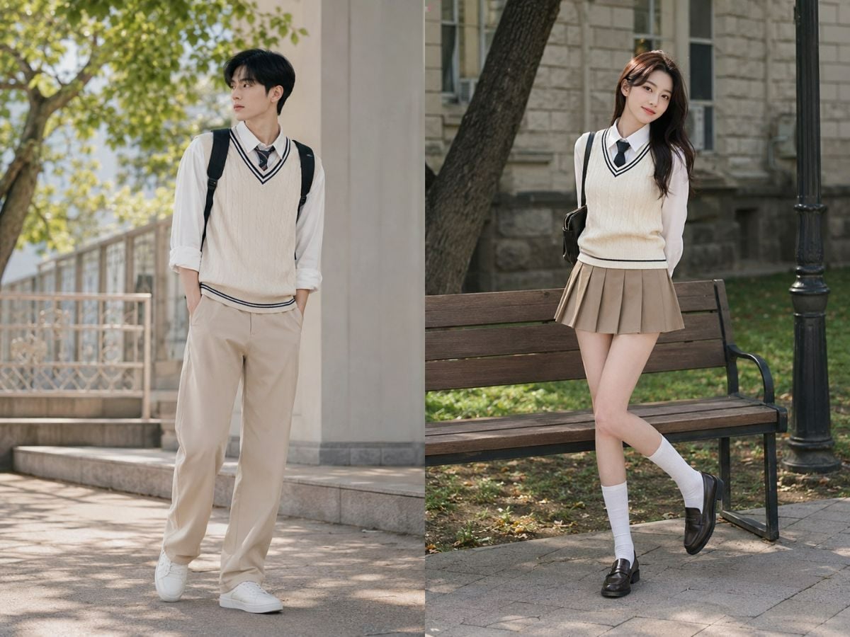 Preppy Hàn Quốc kết hợp sơ mi, gile len và các gam màu sáng theo hướng trẻ trung