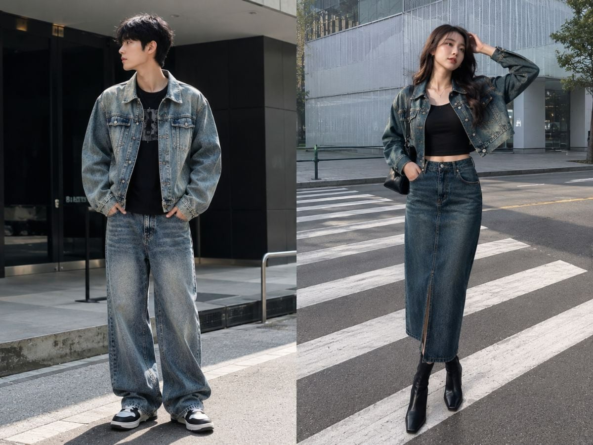 Denim wash và phom rộng vừa giúp outfit retro giữ được vẻ hiện đại
