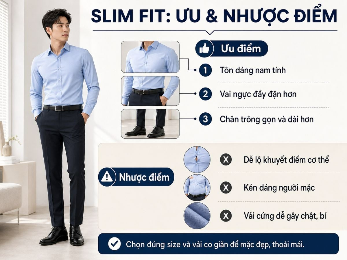 Ưu và nhược điểm của slim fit phụ thuộc nhiều vào size và chất liệu