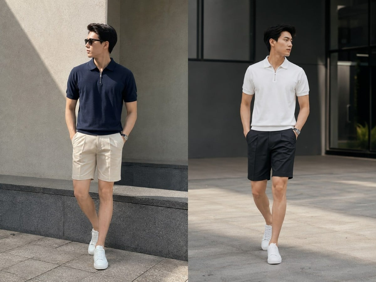 Polo cổ zipper phối short tailored cho outfit hè gọn và chỉn chu