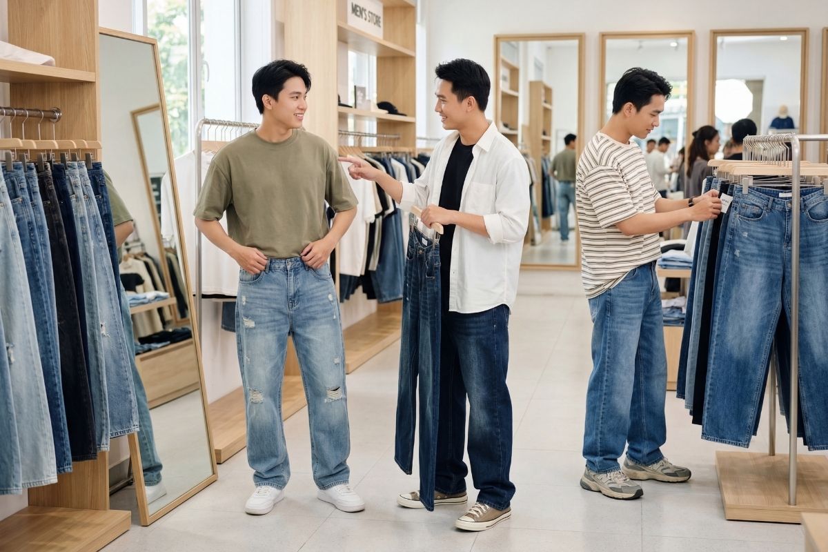 Quần jeans baggy với phần ống rộng, thoải mái