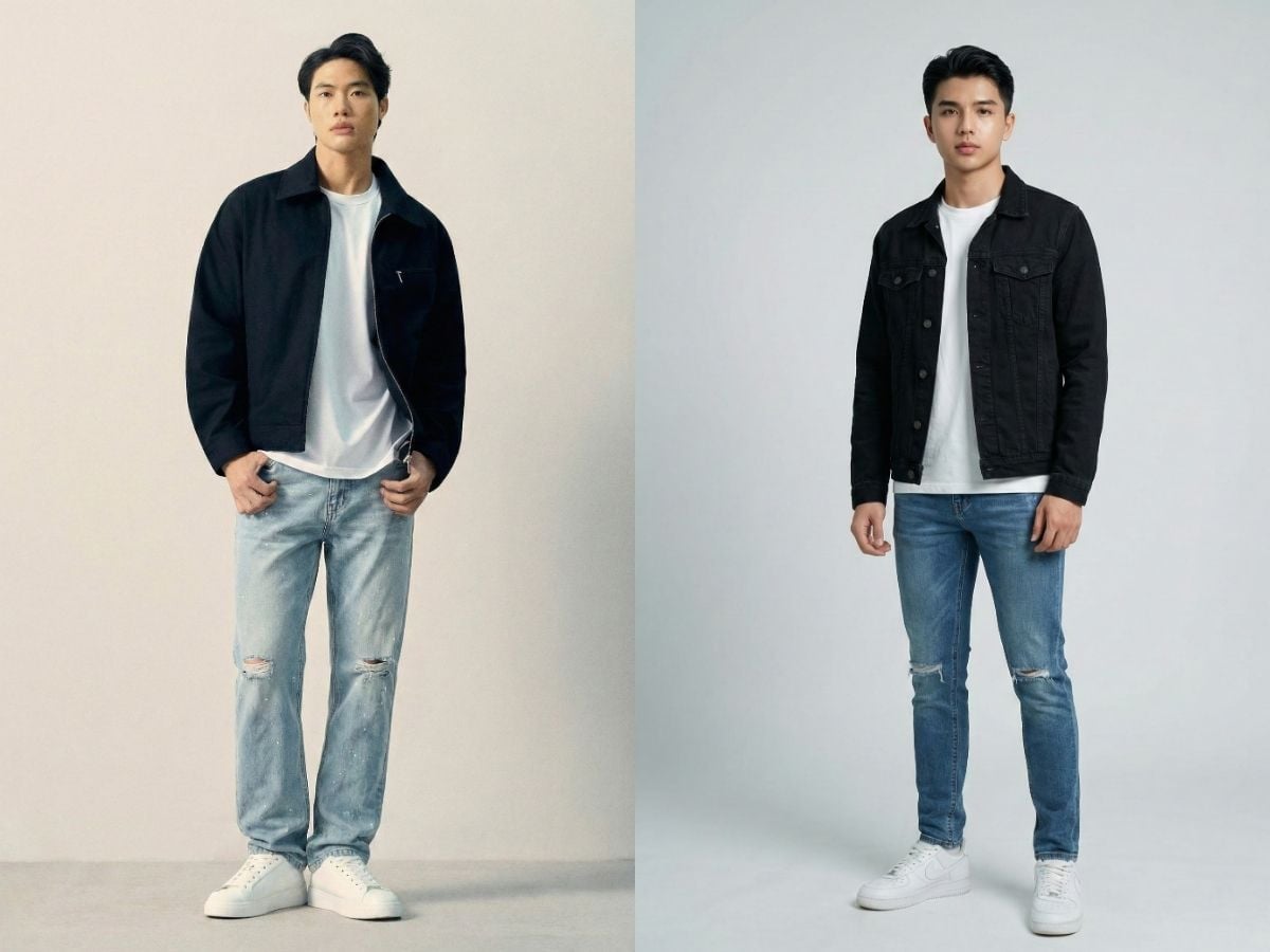 Quần jeans cạp cao, rách gối và quần jeans basic ít wash