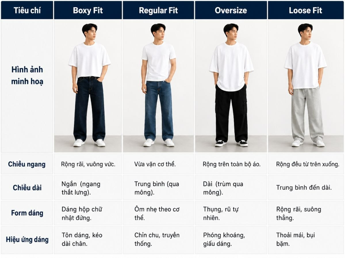 Bảng so sánh form boxy, regular, oversize và loose fit