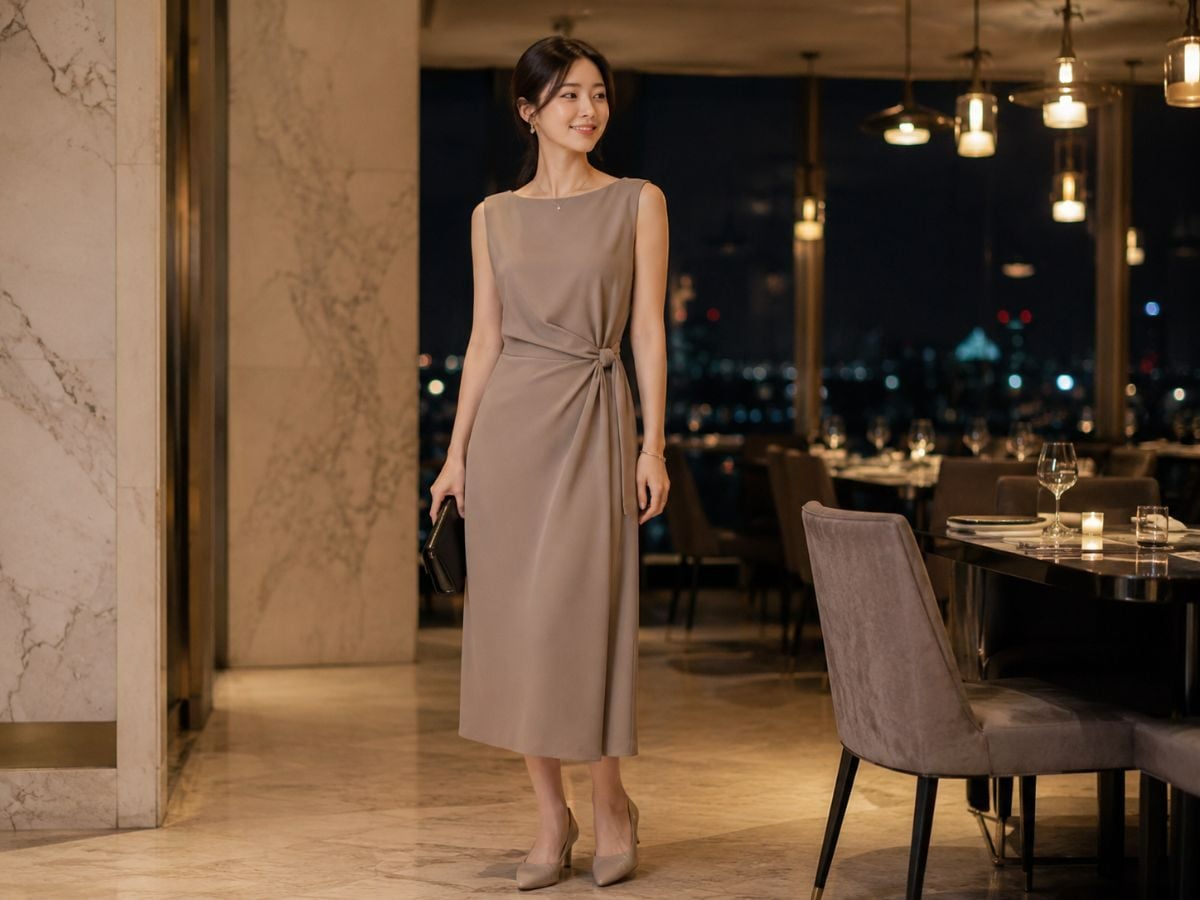 Nữ mặc đầm suông màu trung tính trong buổi họp lớp buổi tối