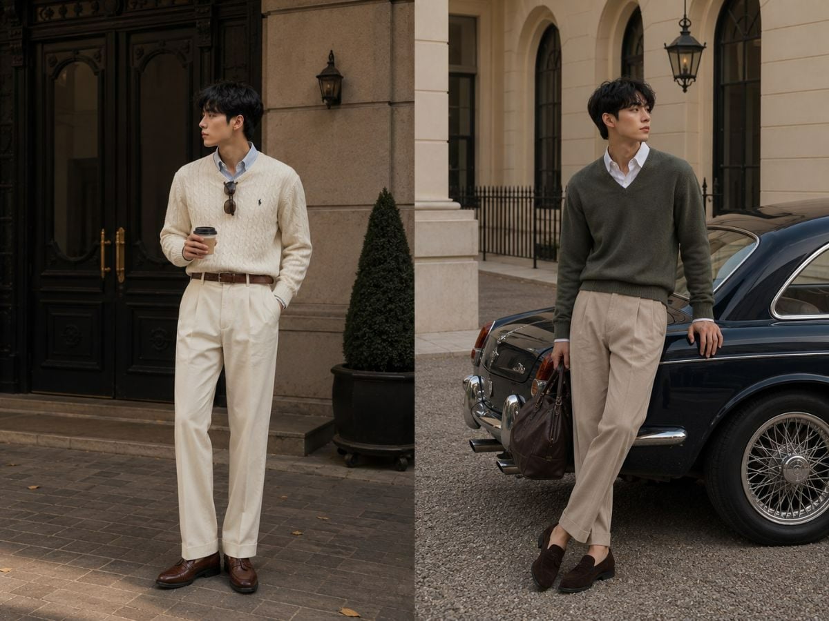 Outfit nam với áo dệt kim, chinos và loafer theo phong cách old money