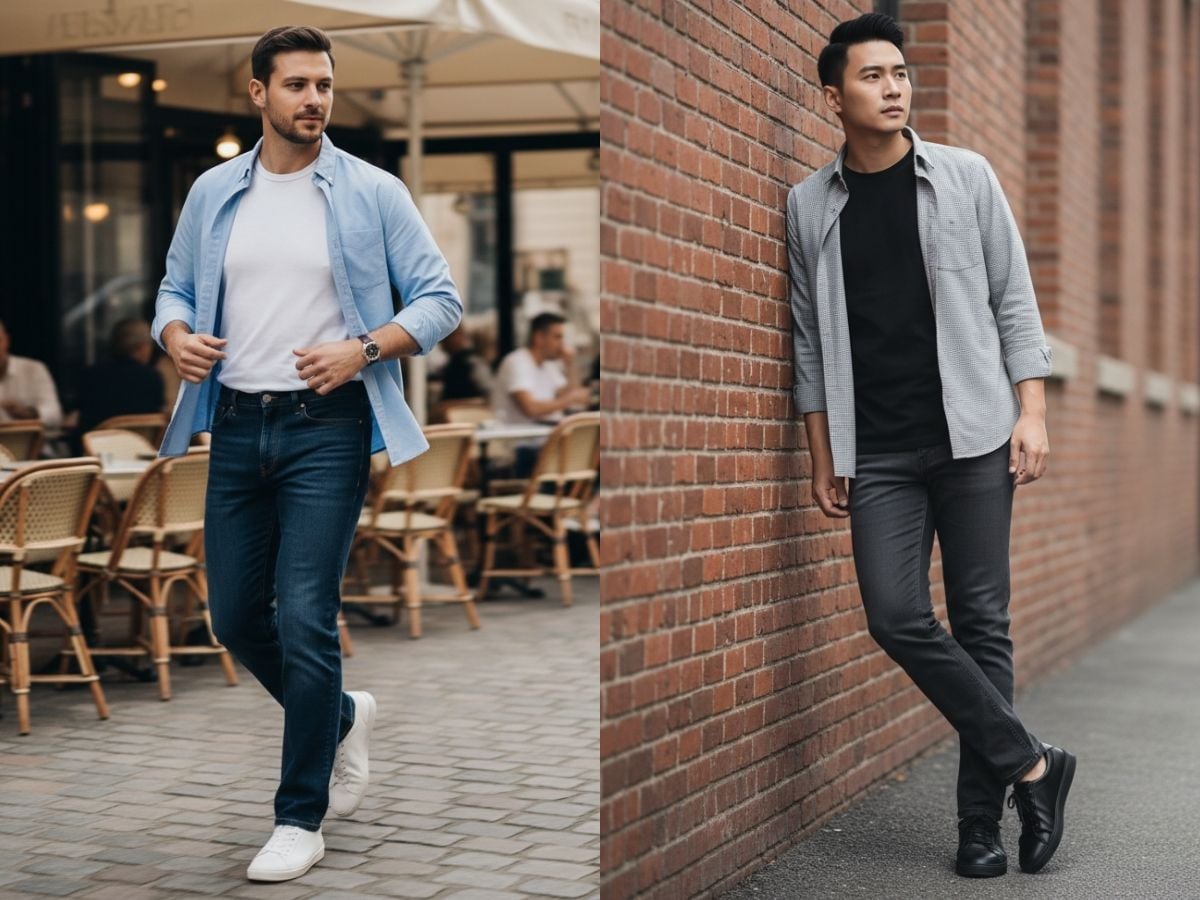 Set đồ đám cưới với quần jeans áo thun và áo sơ mi khoác ngoài