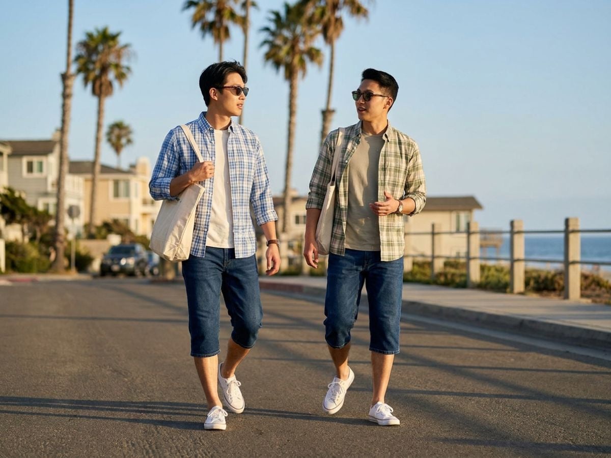 Sơ mi caro mỏng và denim lửng mang hơi hướng streetwear