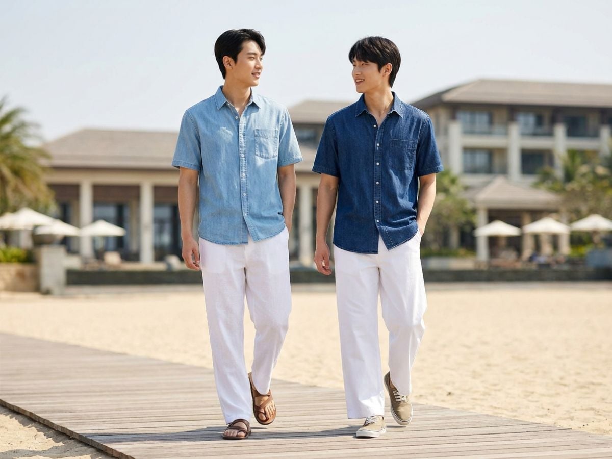 Sơ mi denim ngắn tay phối quần trắng tạo điểm nhấn nam tính