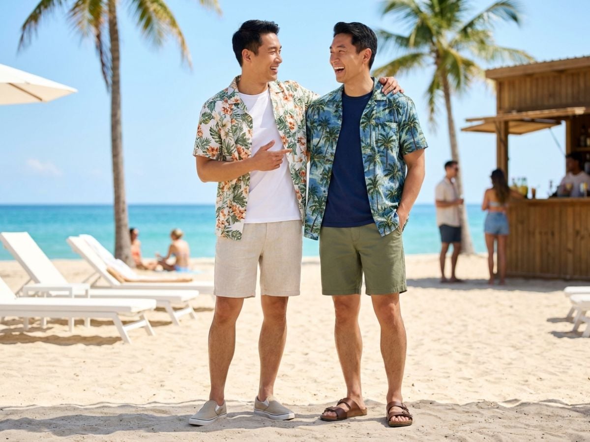 Sơ mi họa tiết và quần short tạo outfit đi biển dễ mặc