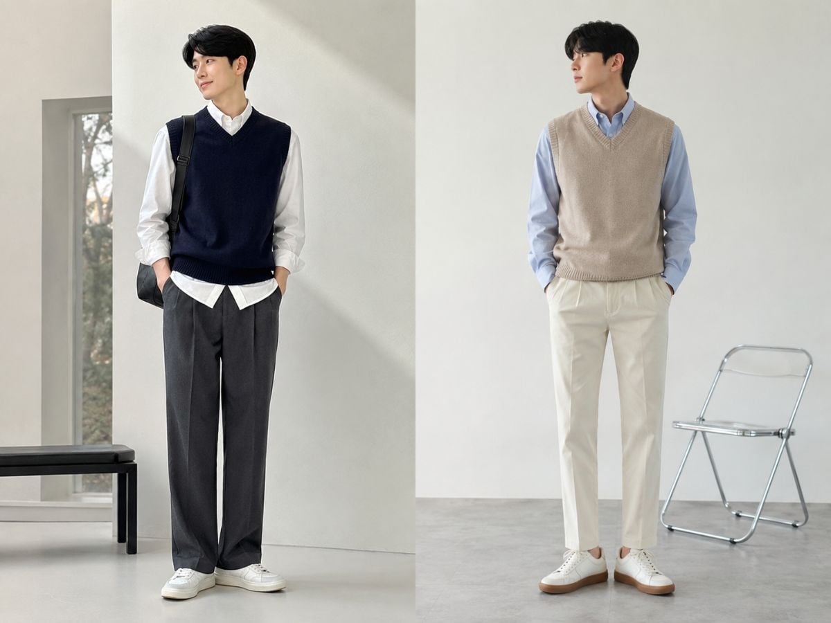 Sơ mi Oxford và len gile mang hơi hướng cổ điển, nhã nhặn