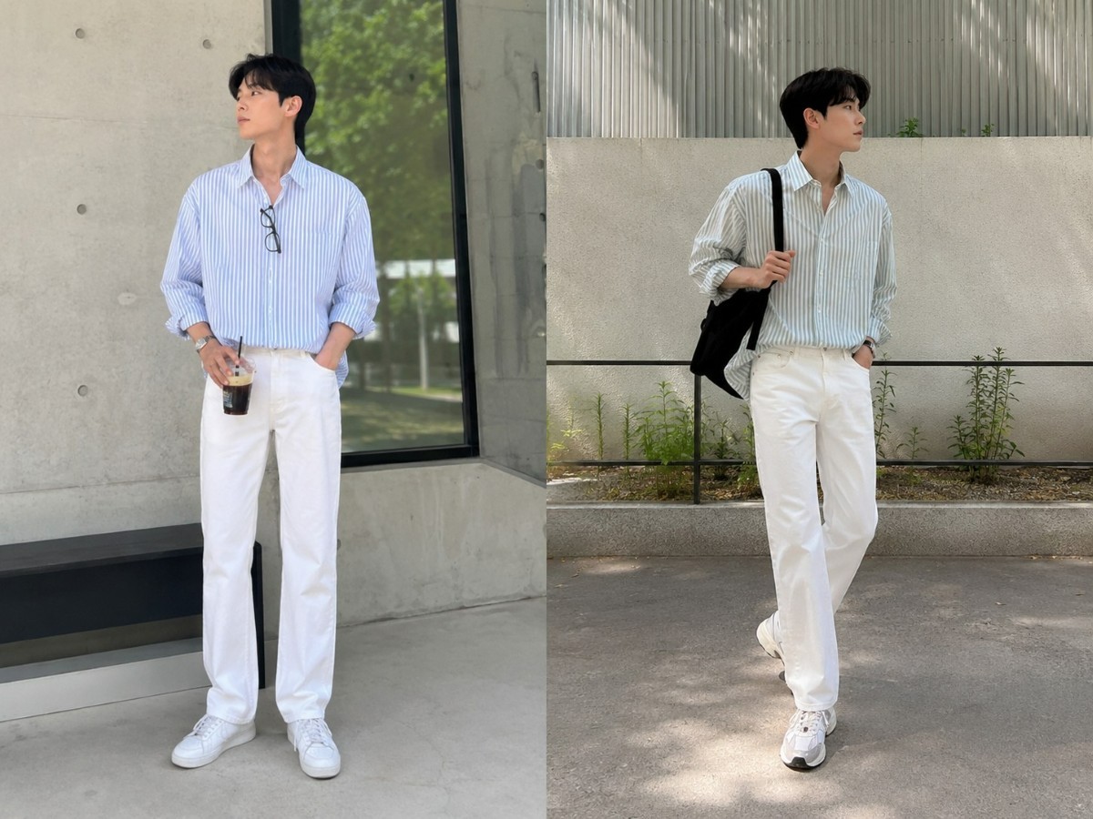 Sơ mi sọc pastel phối jeans trắng tạo diện mạo sáng và trẻ trung