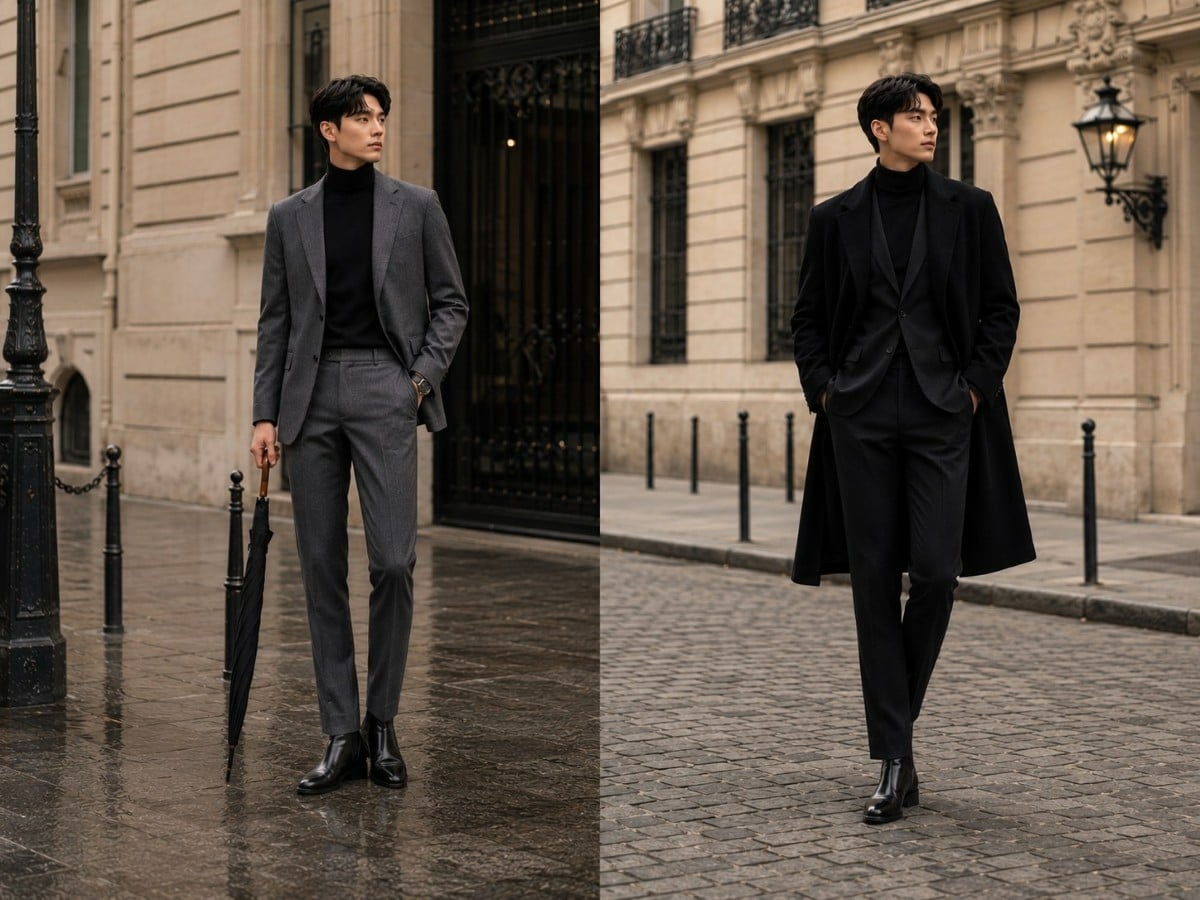 Suit phối áo len cổ lọ hiện đại