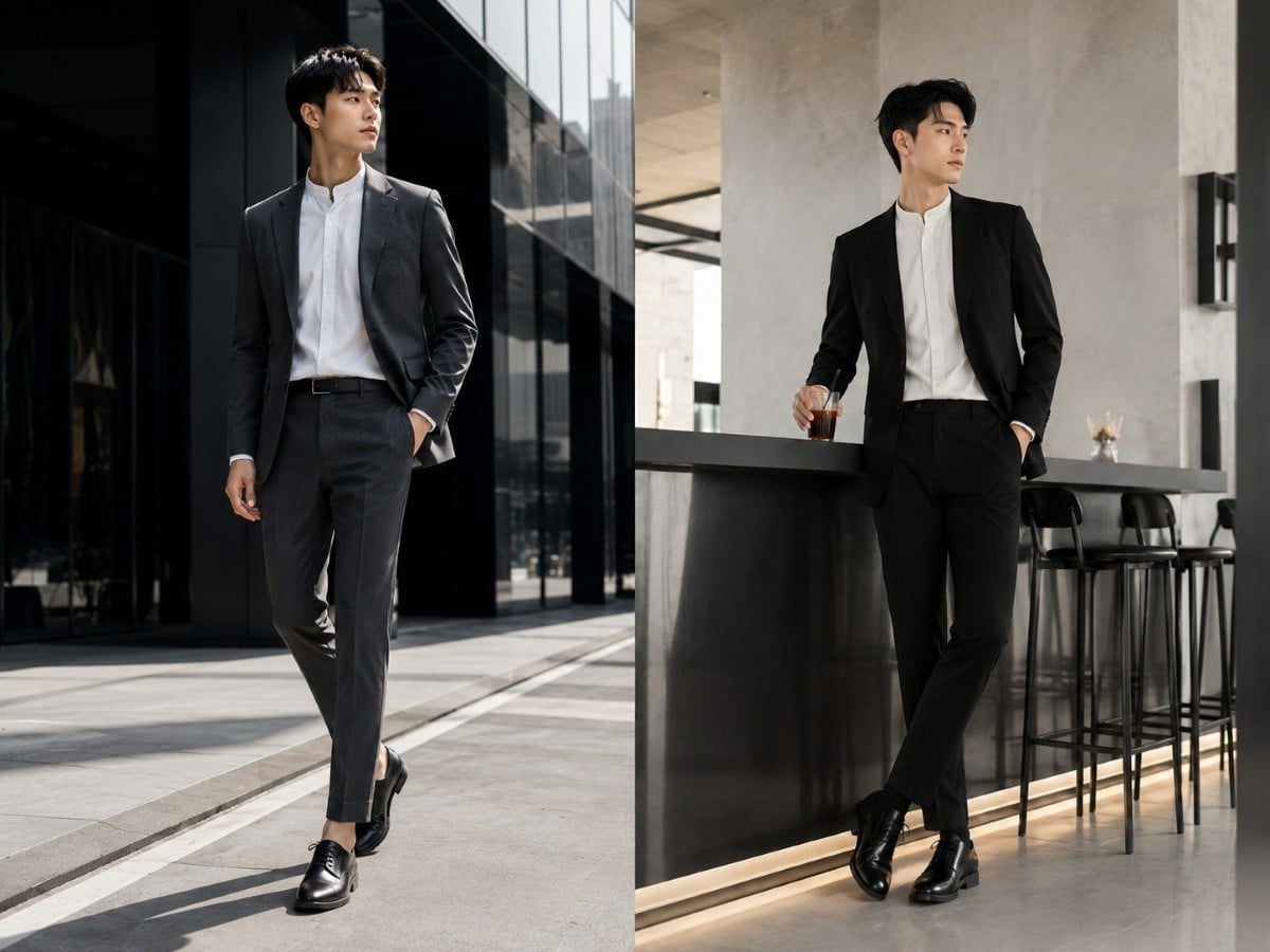 Suit phối áo sơ mi cổ trụ