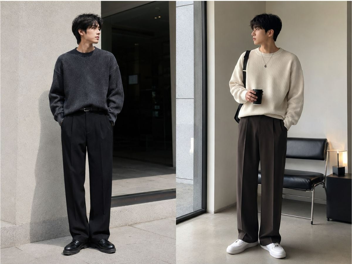 Sweater boxy phối quần tây ống suông