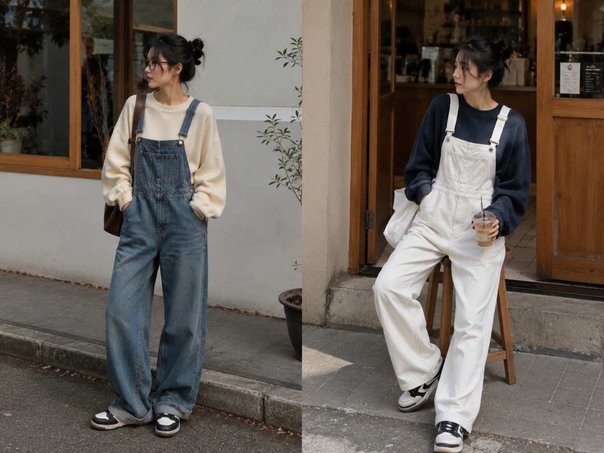 Sweater oversize phối quần yếm