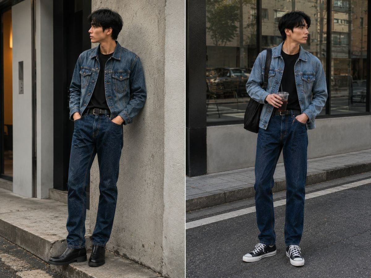 Denim Jacket với áo thun, quần jean form straight