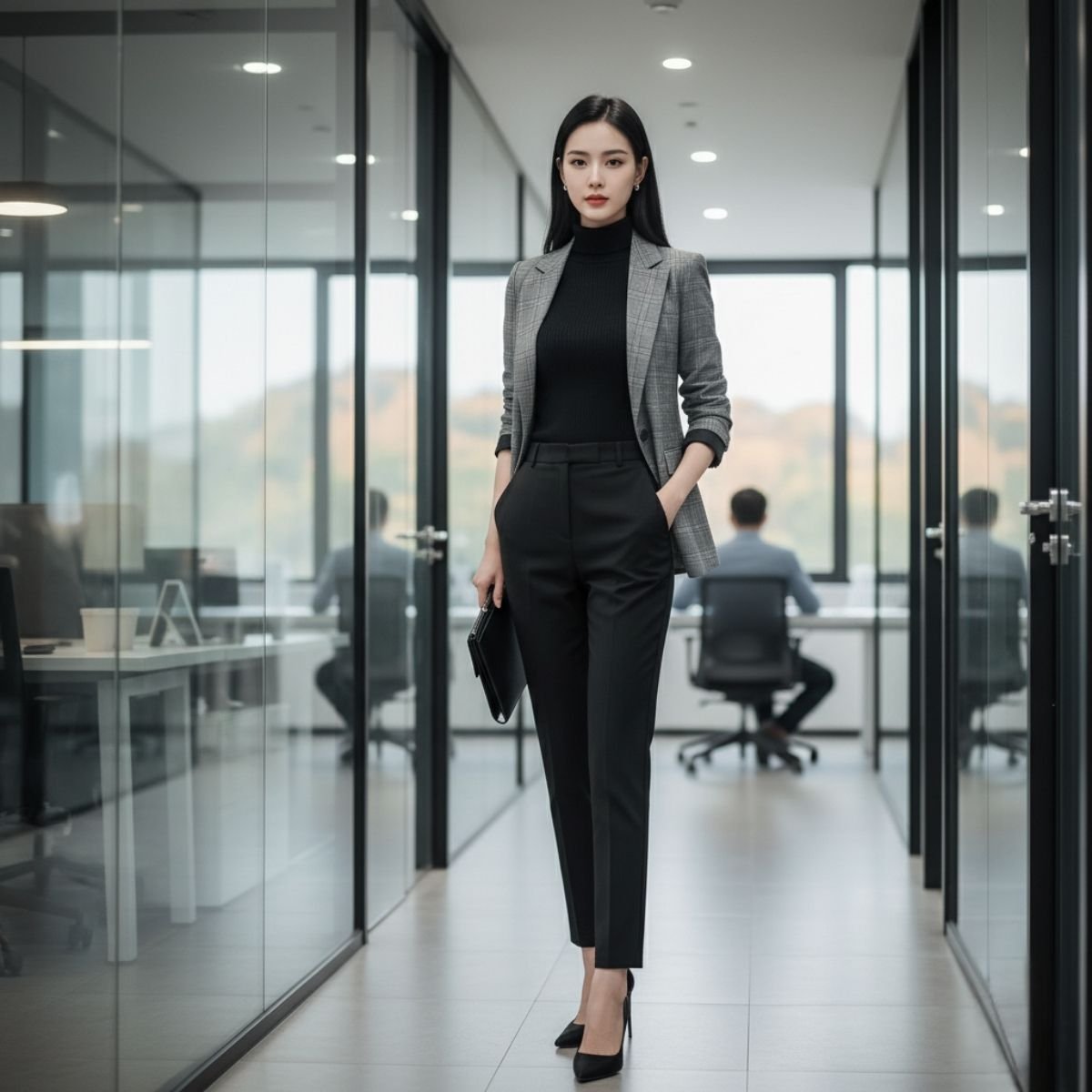 Thời trang mùa thu công sở với áo cổ lọ, blazer và quần âu