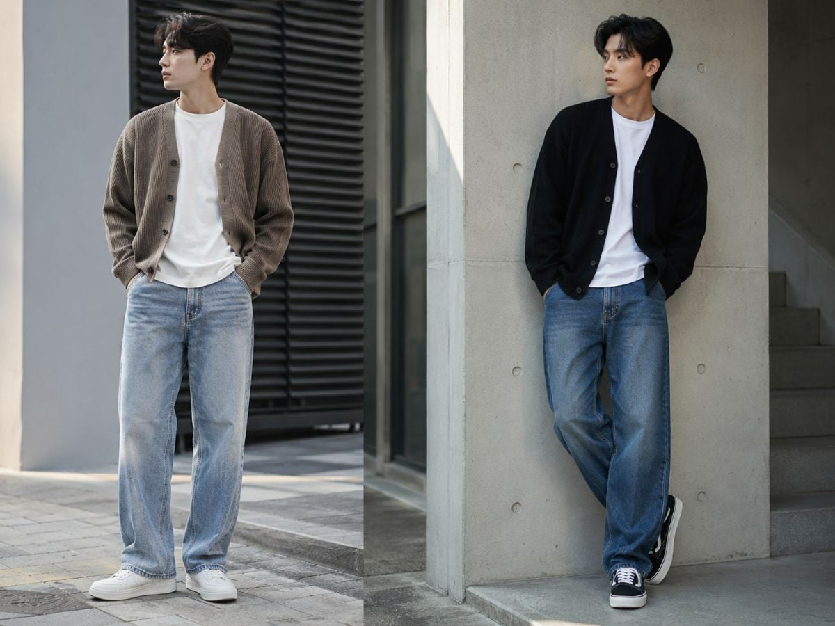 Cardigan phối áo thun và jean suông tạo vẻ ngoài ấm áp
