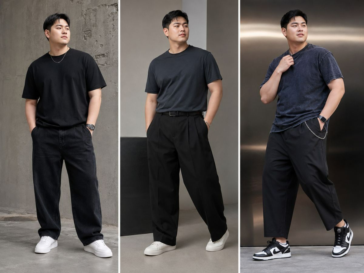 Phối áo thun tối màu và quần baggy đen cho nam mập