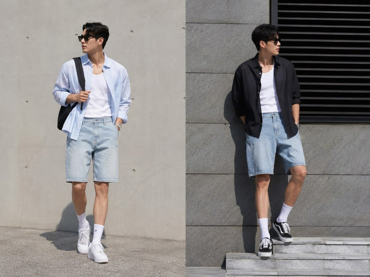 Tank top layer sơ mi mỏng cùng short denim cho ngày hè năng động