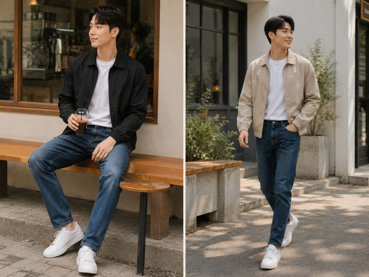 Nam mặc áo thun trơn, jeans và áo khoác nhẹ đi họp lớp