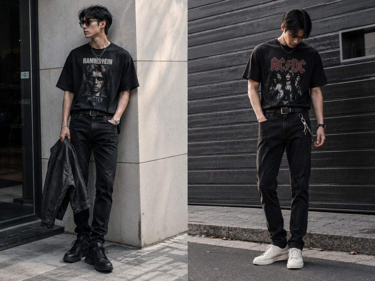 Phong cách rock style với áo thun graphic và quần jean