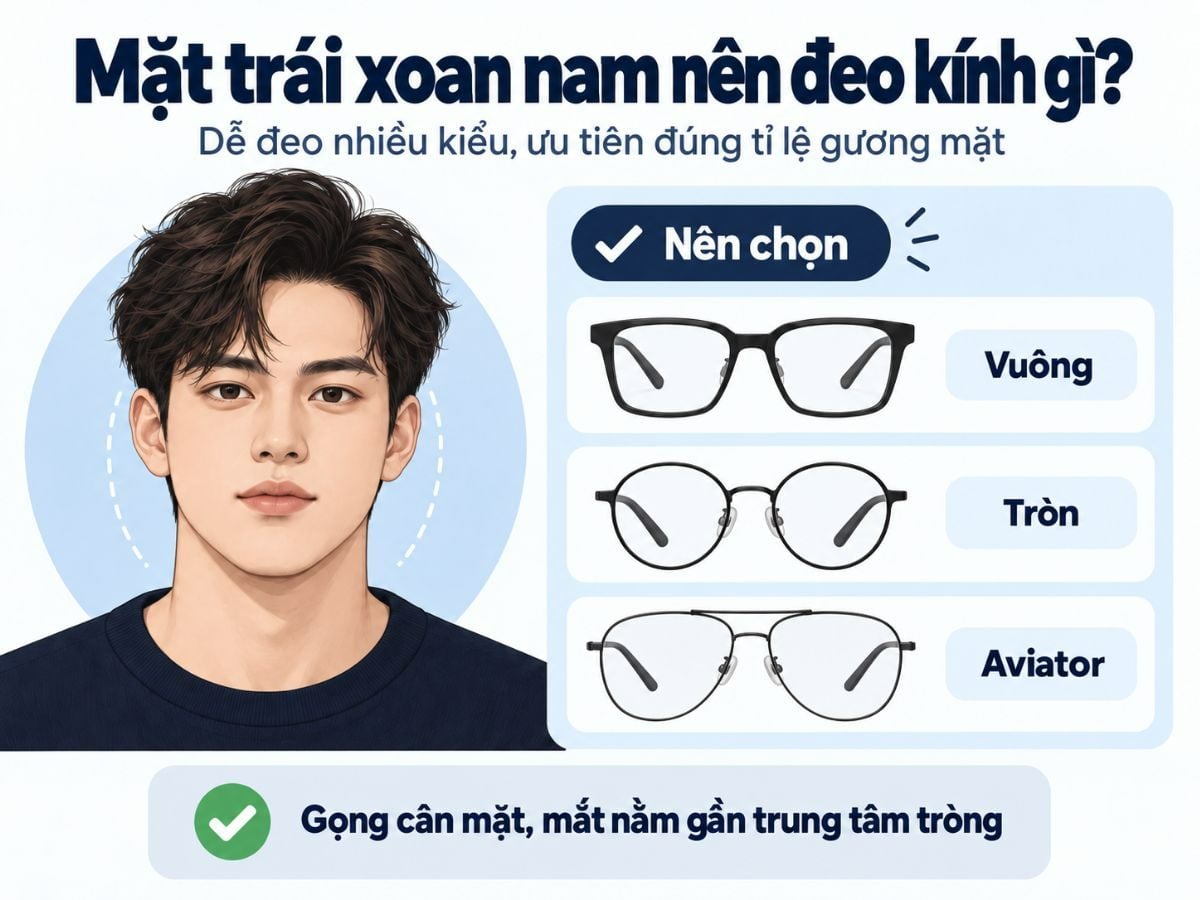 Mặt trái xoan phù hợp với nhiều gọng kính từ vuông, tròn đến aviator