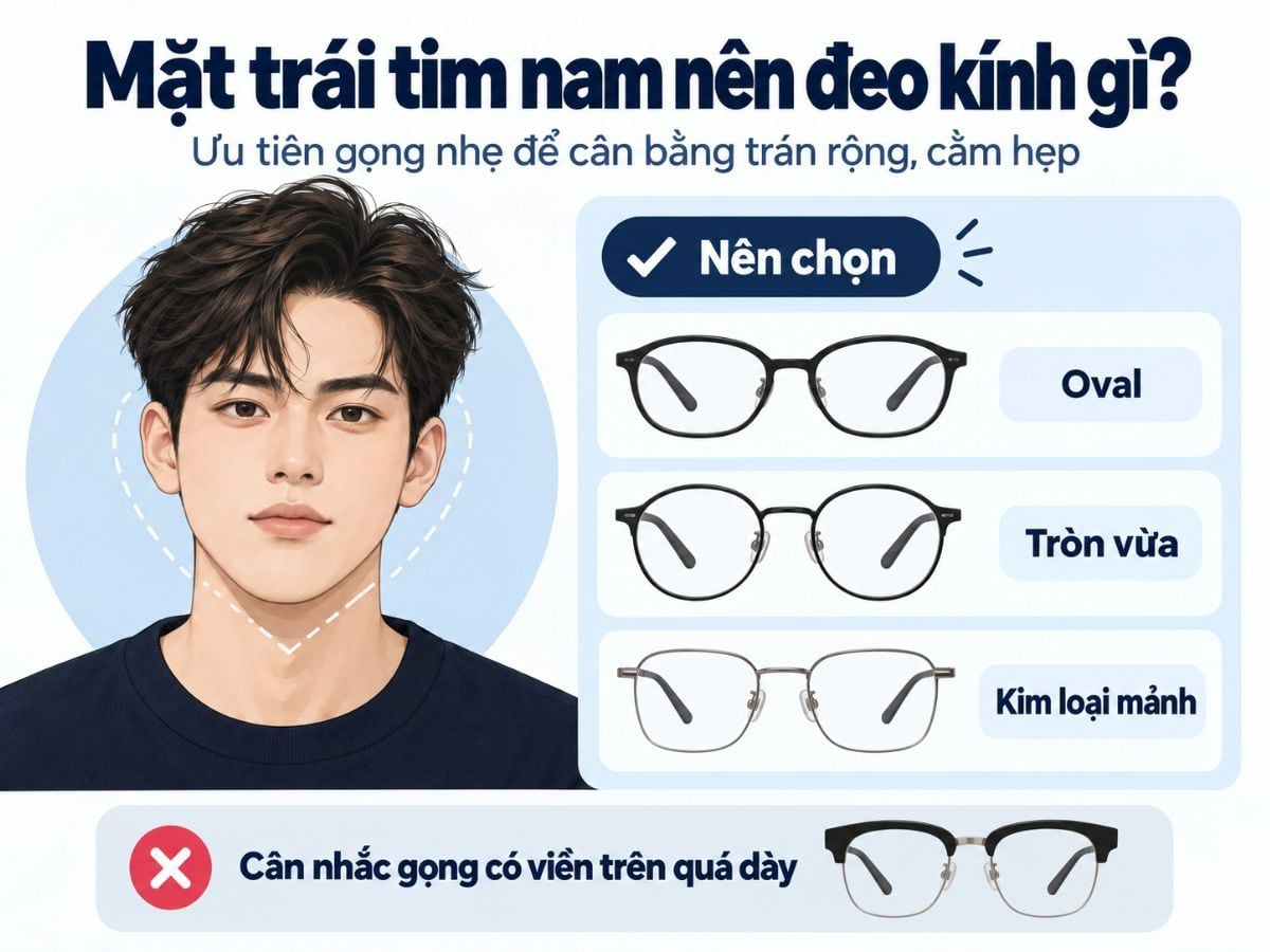 Mặt trái xoan phù hợp với gọng oval, tròn vừa, kim loại