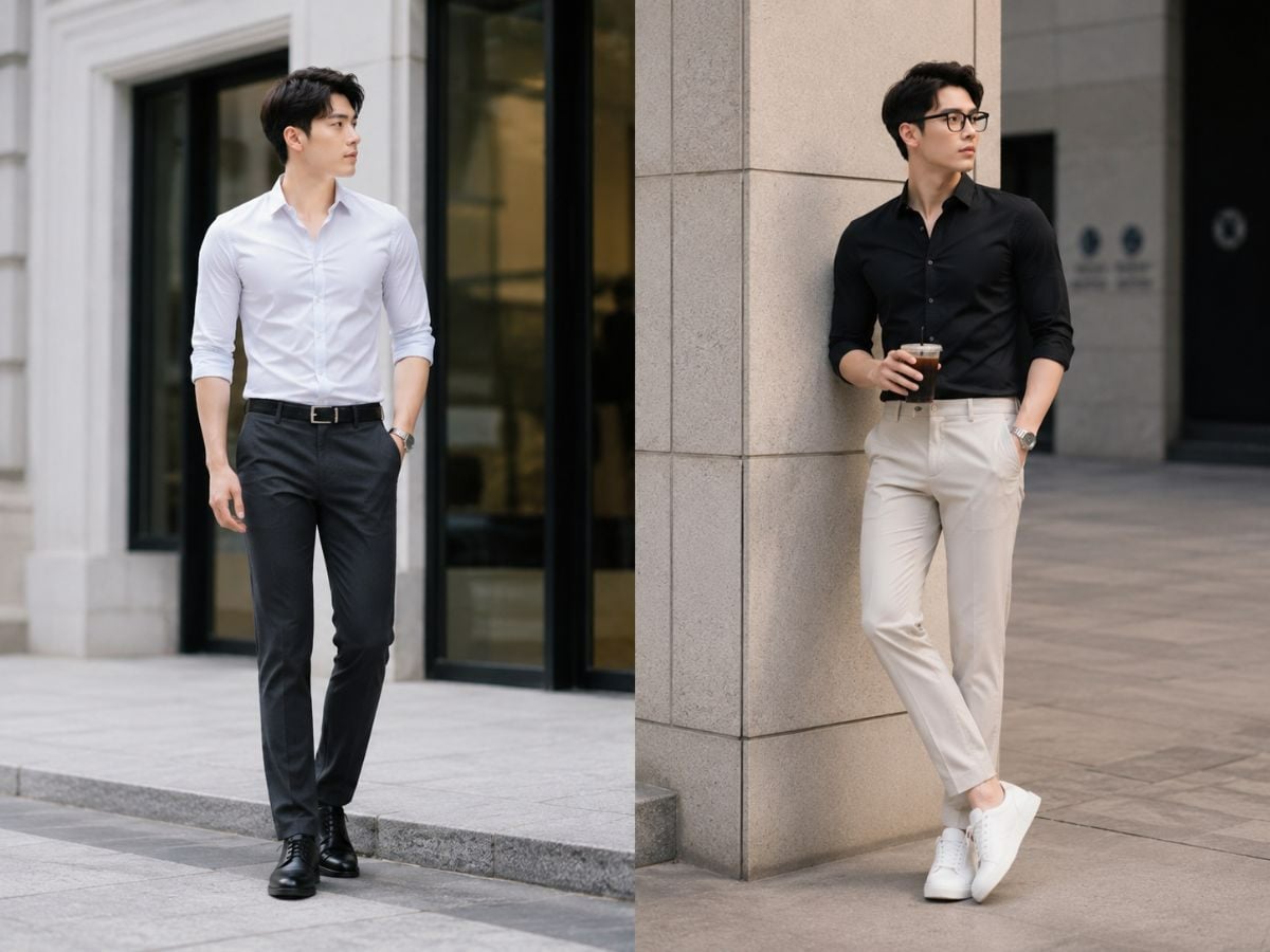 Sơ mi slim fit phối quần tây tạo diện mạo công sở gọn gàng