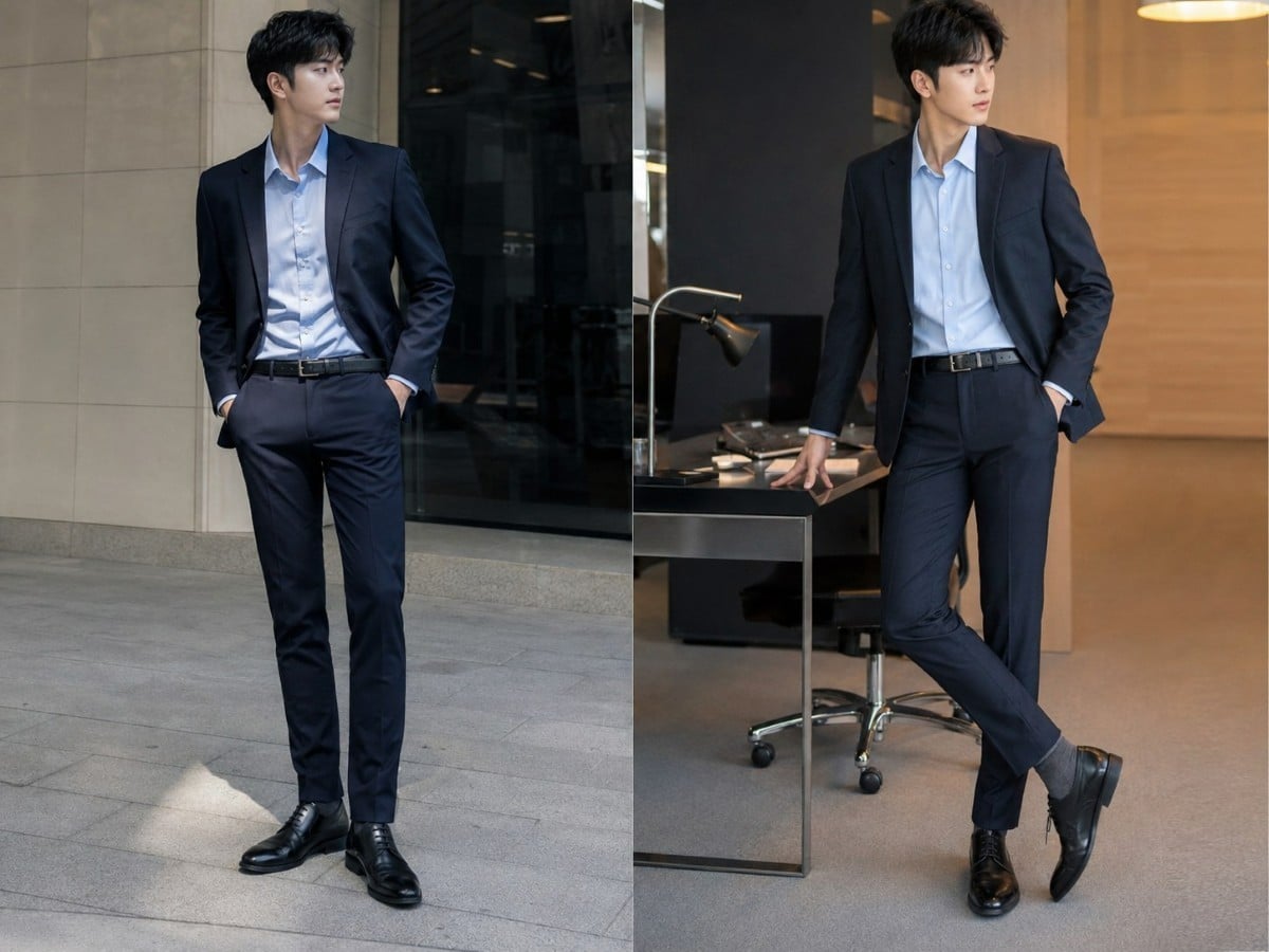 Suit xanh navy phối áo sơ mi xanh nhạt