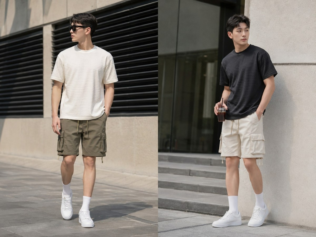 Áo thun textured phối cargo short tối giản cho vẻ ngoài hiện đại