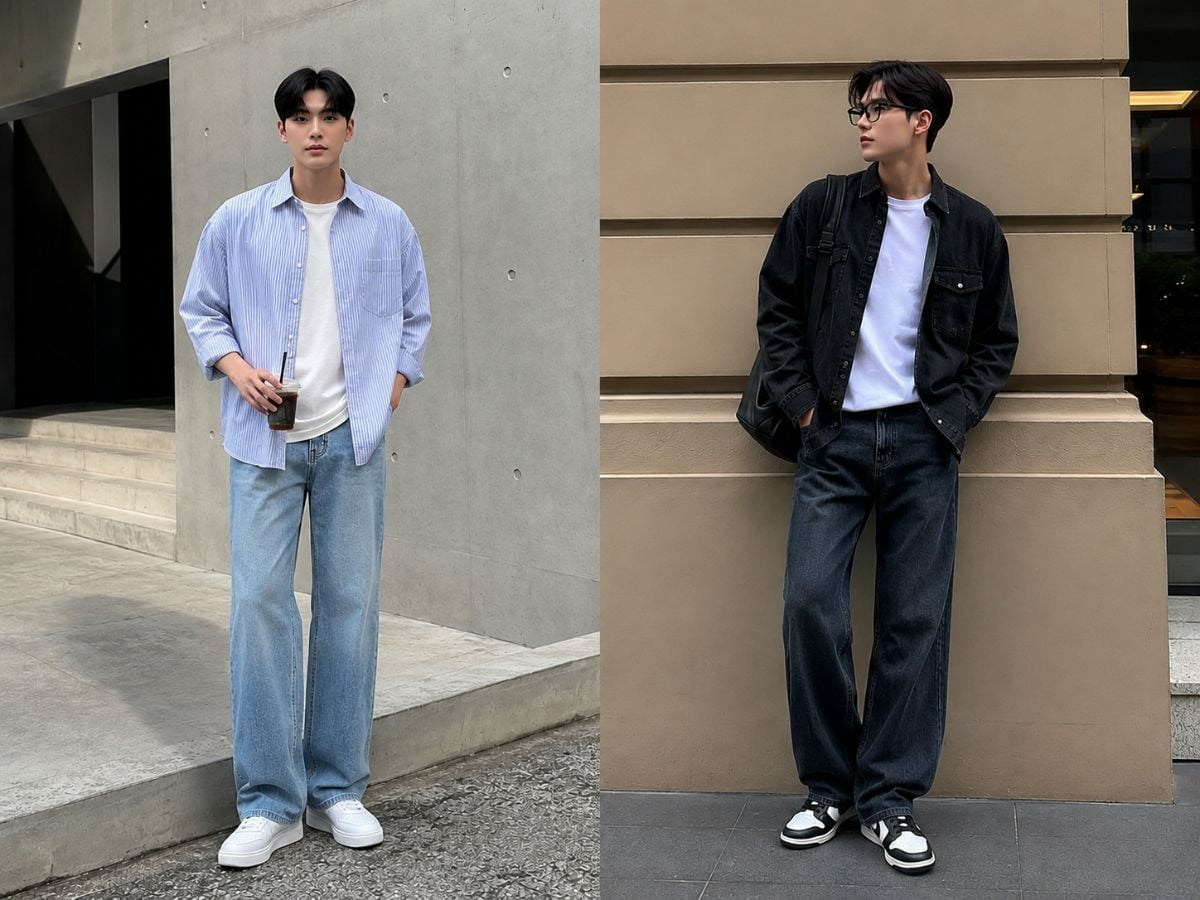 Sơ mi khoác ngoài giúp outfit jean ống suông có chiều sâu hơn